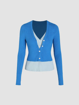 Cider - Knit V-neck Faux Two-piece Button Cardigan