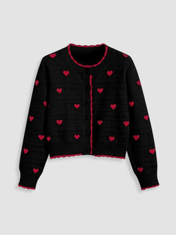 Cider - Round Neck Heart Contrasting Binding Cardigan