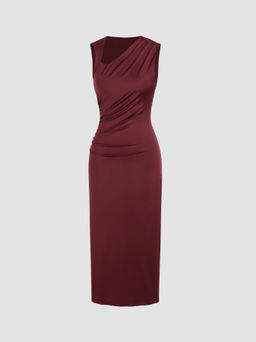 Cider - Asymmetrical Neck Solid Ruched Maxi Dress