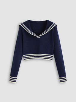 Cider - V-neck Knit Sailor Collar Wool-blend Long Sleeve Crop Sweater