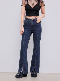 Cider - High Stretch Denim High Waist Solid Flared Jeans