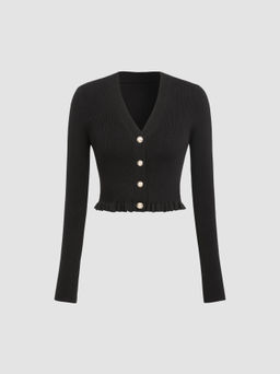 Cider - V-neck Solid Button Knitted Crop Top