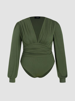 Cider - Jersey V-neck Solid Ruched Bodysuit Curve & Plus