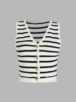 Cider - Knit V-neck Striped Button Crop Vest
