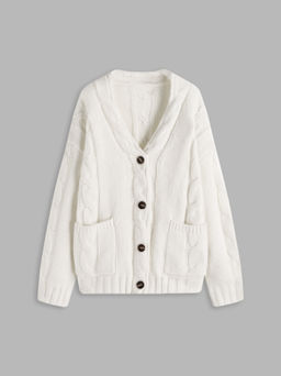 Cider - Cable Knit V-neck Solid Pocket Cardigan