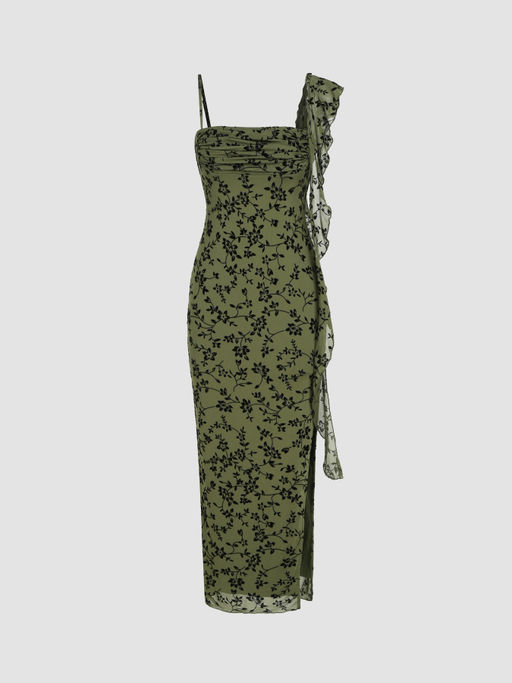 Buy Cider Jacquard Asymmetrical Neck Floral Maxi Dress (XXS) Online