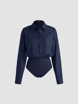Cider - Collar Solid Button Long Sleeve Blouse Bodysuit