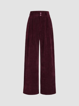 Cider - Corduroy High Waist Solid Pleated Wide Leg Trousers