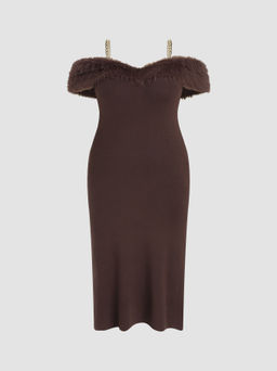 Cider - Knit Off-shoulder Faux Fur Chain Mermaid Midi Dress Curve & Plus