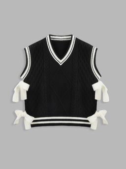 Cider - V-neck Contrast Binding Bowknot Knitted Vest Curve & Plus