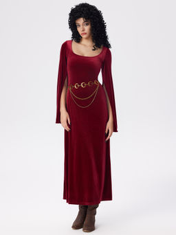 Cider - Velvet Square Neck Solid Maxi Bell Sleeve Dress