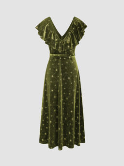 Cider - Velvet V-neck Star Ruffle Tie Back Midi Dress