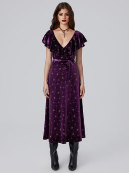 Cider - Velvet V-neck Star Ruffle Tie Back Midi Dress