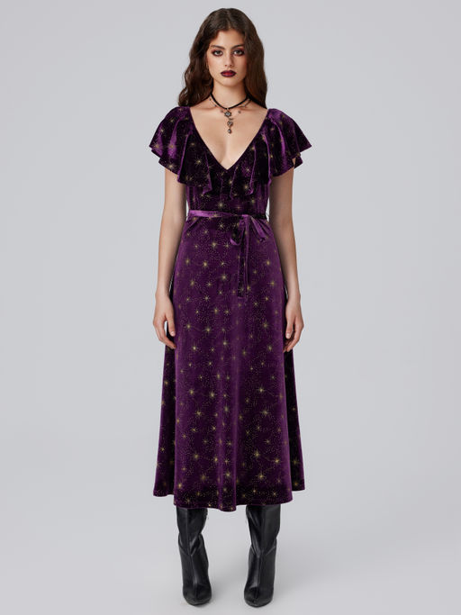 Buy Cider Velvet V-neck Star Ruffle Tie Back Midi Dress (M) Online