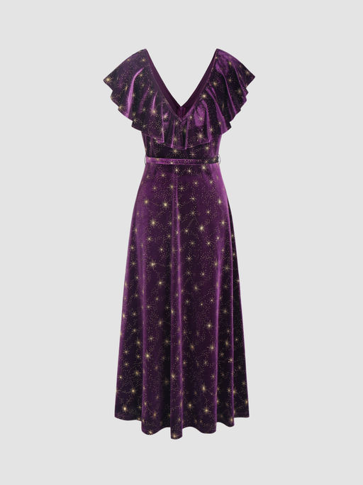 Buy Cider Velvet V-neck Star Ruffle Tie Back Midi Dress (M) Online