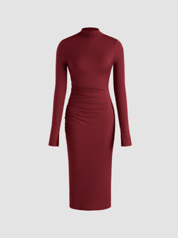 Cider - High Neck Solid Ruched Midi Dress