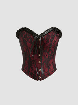 Cider - Floral Lace V-neck Button Bowknot Corset Tube Top