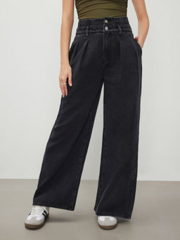 Cider - Double High Rise Solid Button Wide Leg Jeans