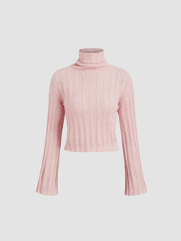 Cider - Wool-blend Knit Stand Collar Bell Sleeve Crop Top