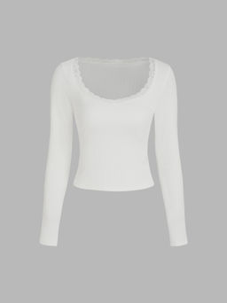 Cider - U-neck Solid Lace Long Sleeve Tee