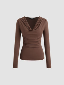 Cider - Cowl Neck Solid Ruched Long Sleeve Top