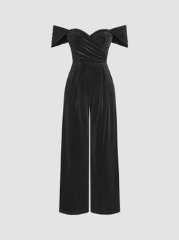 Cider - Velvet Off-shoulder Solid Ruched Jumpsuit