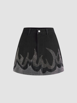 Cider - Low Waist Fire Rhinestone Denim Mini Skirt