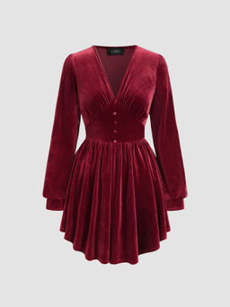 Cider - Velvet V-neck Solid Mini Dress