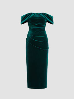 Cider - Velvet Off-shoulder Ruched Midi Dress