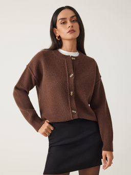 Cider - Knit Round Neckline Button Thick Cardigan