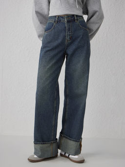 Cider - Middle Waist Solid Button Wide Leg Jeans
