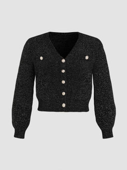Cider - Metallic V-neck Solid Button Cardigan Curve & Plus