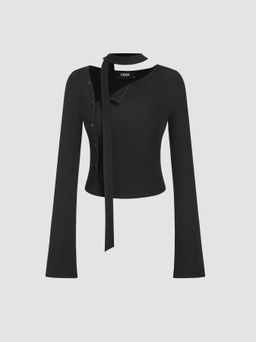 Cider - Asymmetrical Neck Solid Button Long Sleeve Top With Scarf