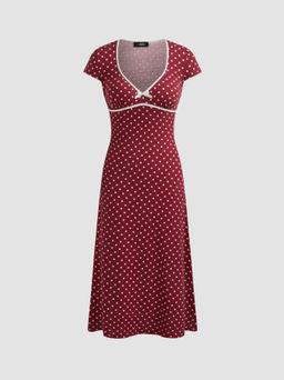 Cider - Knit V-neck Polka Dot Bowknot Midi Dress