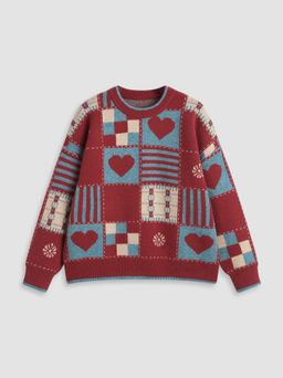 Cider - Round Neck Heart Knitted Long Sleeve Top