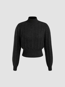 Cider - Wool-blend Cable Knit High Neck Solid Long Sleeve Top