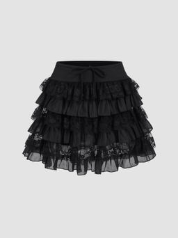 Cider - Elastic Waist Knotted Lace Layered Mini Skirt