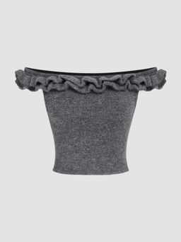 Cider - Off-Shoulder Solid Knitted Crop Short Sleeve Top