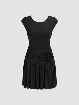 Cider - Round Neck Solid Rosette Mini Dress