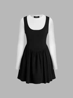 Cider - Round Neckline Solid Long Sleeve Tee & Ruffle Mini Dress