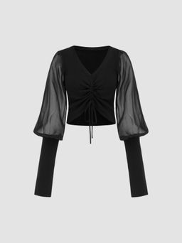 Cider - V-neck Drawstring Mesh Sleeve Patchy Crop Knitted Crop Top