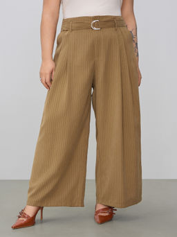 Cider - Mid Rise Striped Pocket Buckle Wide Leg Trousers Curve & Plus