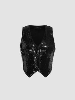 Cider - Sequin V-neck Solid Crop Blazer Vest