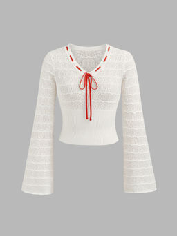 Cider - Contrasting Binding Bowknot Knitted Crop Long Sleeve Blouse