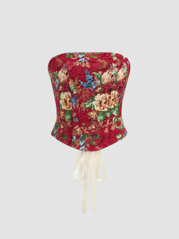 Cider - Strapless Floral Lace Up Zipper Corset Tube Top