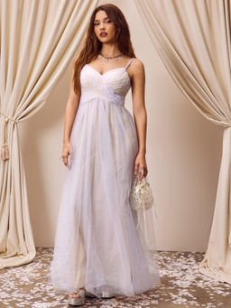 Cider - Mesh V-neck Pearl Tulle Ruched Maxi Dress