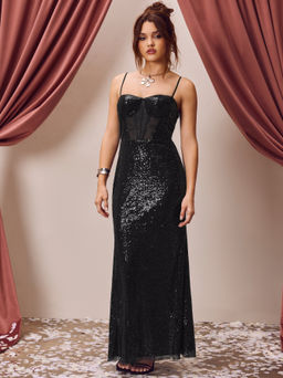 Cider - Sequin Sweetheart Solid Corset Maxi Dress