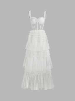 Cider - Woven Corset Layered Tulle Ruffle Maxi Dress
