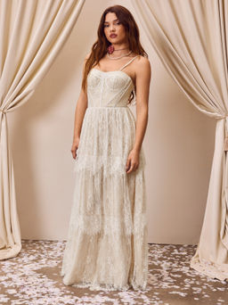 Cider - Lace Sweetheart Floral Tiered Tulle Maxi Dress