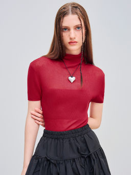 Cider - Knit High Neck Solid Crop Short Sleeve Top